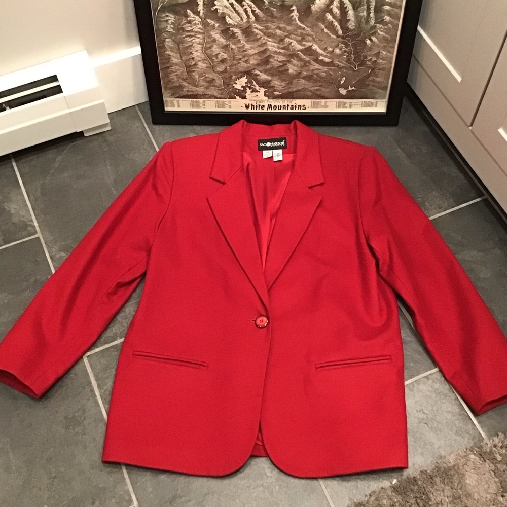 Sag Harbor Womens Wool Blazer Size 14P Single Breasted Shoulder Pads Red Jacket - Picture 4 of 15